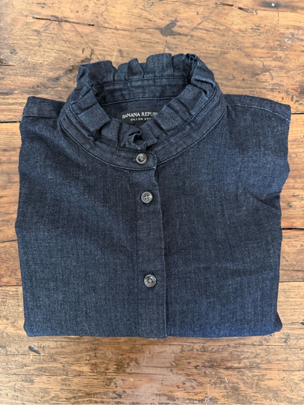 Banana Republic Dark Blue Denim Dillon Ruffle Collar Button Up Shirt Size S